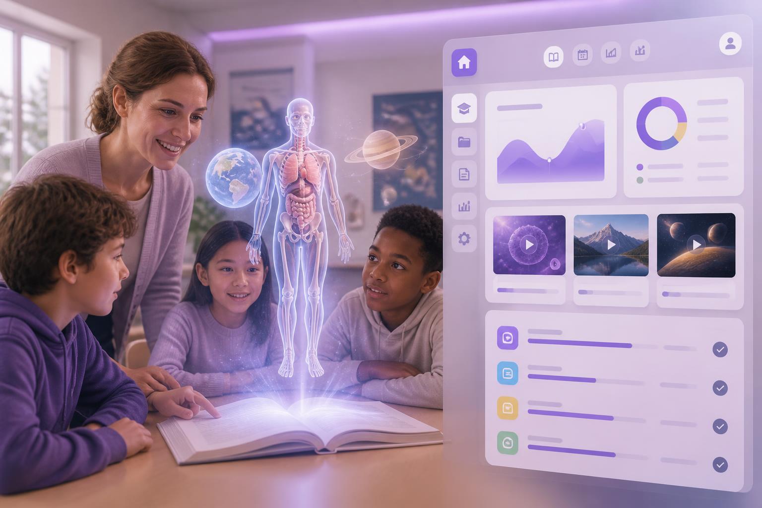 Professora e alunos exploram conteúdo em realidade aumentada ao lado do painel da ApoIA Plataforma