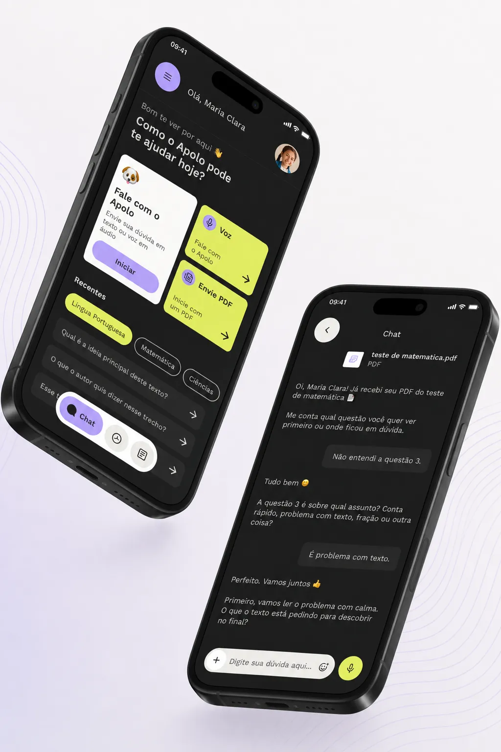Aplicativo ApoIA em dois iPhones mostrando o assistente Apolo e o chat de dúvidas