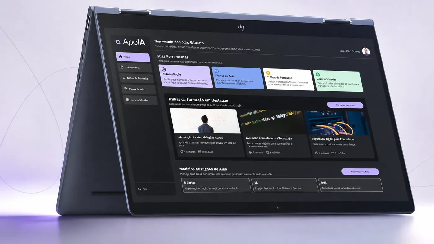 Dashboard da plataforma ApoIA mostrando ferramentas educacionais, trilhas de formação e modelos de planos de aula